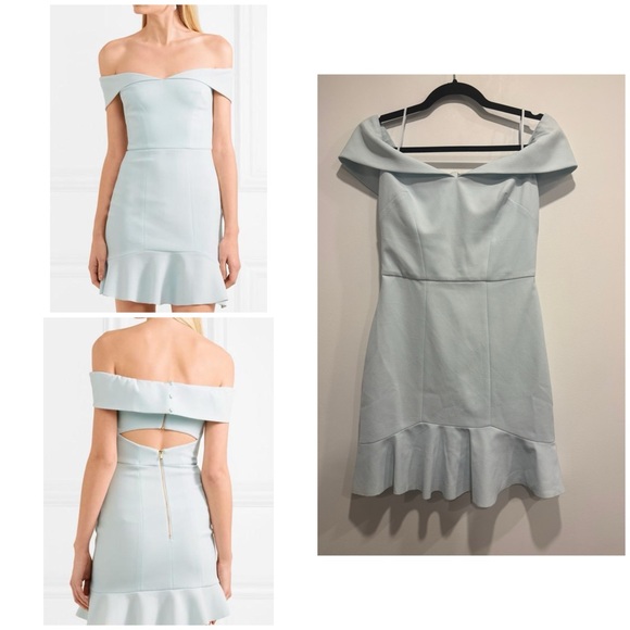 Rebecca Vallance Hamptons Off the Shoulder Pale Blue Crepe Mini Dress (S4) - Picture 1 of 5